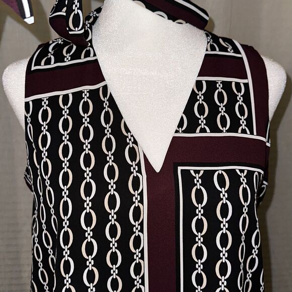 Ann Taylor SP Burgundy Black Ivory White Chainlink Sleeveless Shell Tie Blouse - Picture 7 of 13